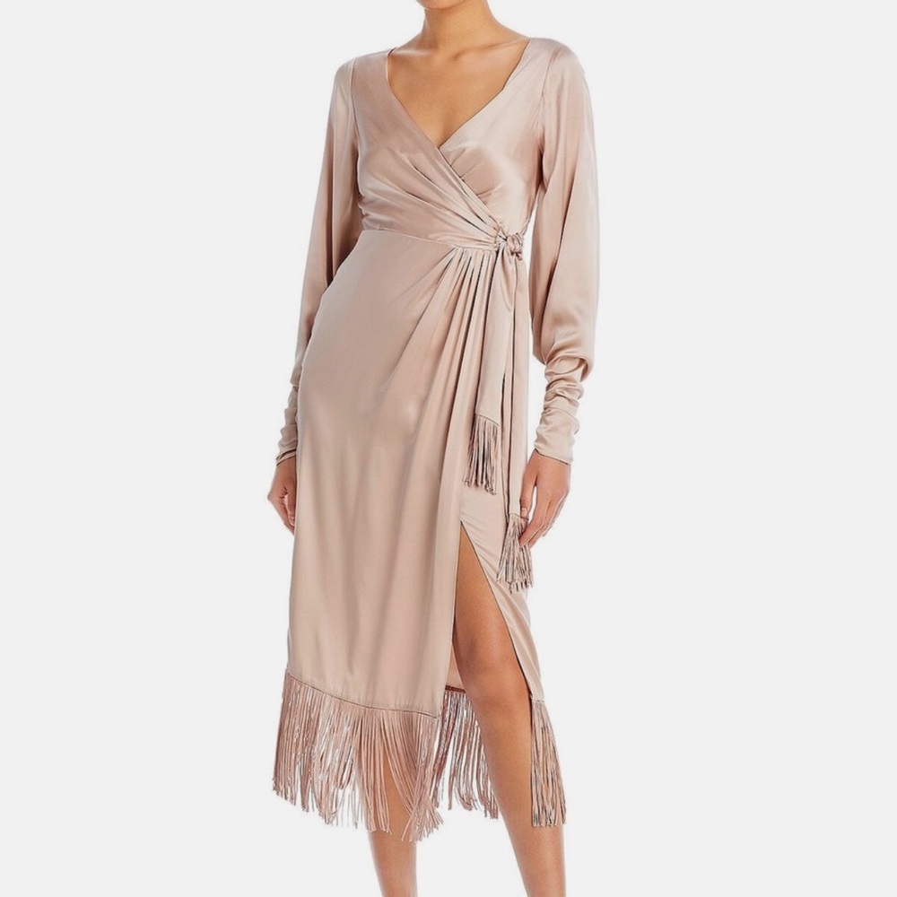 New Cinq A Sept Page Silk Fringe Trim Wrap Dress Pink Sand Midi Size 8 Cocktail